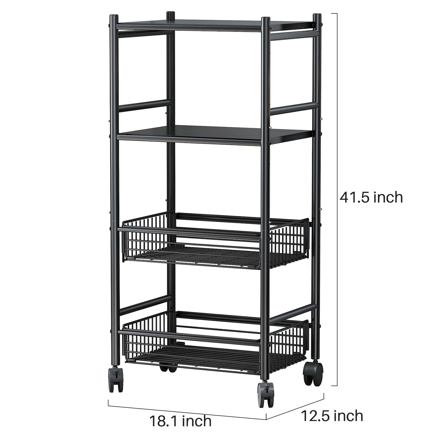 SNTD Kitchen Microwave Stand Shelf - 4 Tiers Metal Bakers Rack with Casters, Coffee Bar Station with Storage, Black