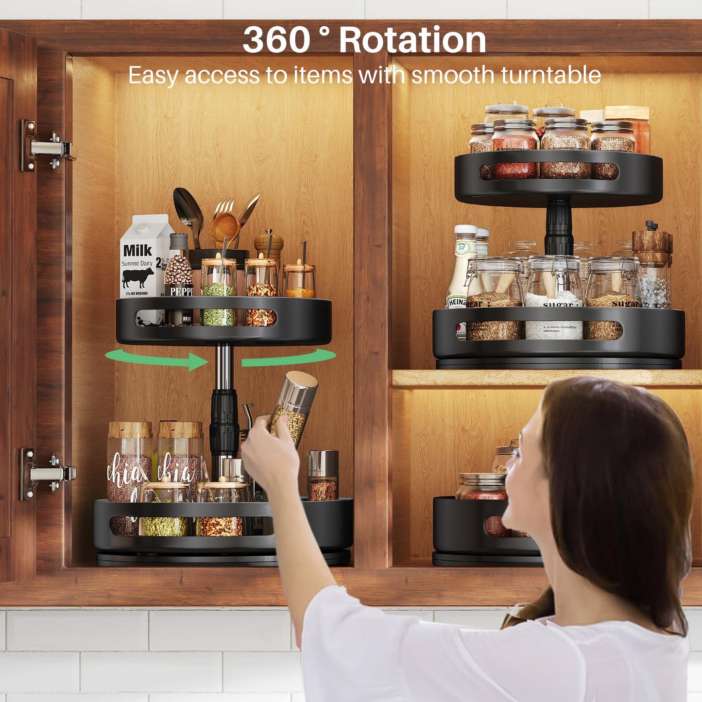 SNTD Lazy Susan Organizer Spice Rack - 2 Tier Height Adjustable Spice Organization for Cabinet, Metal Seasoning Organizer Lazy Turntable Spice Organizer for Table Top Pantry Kitchen Storage