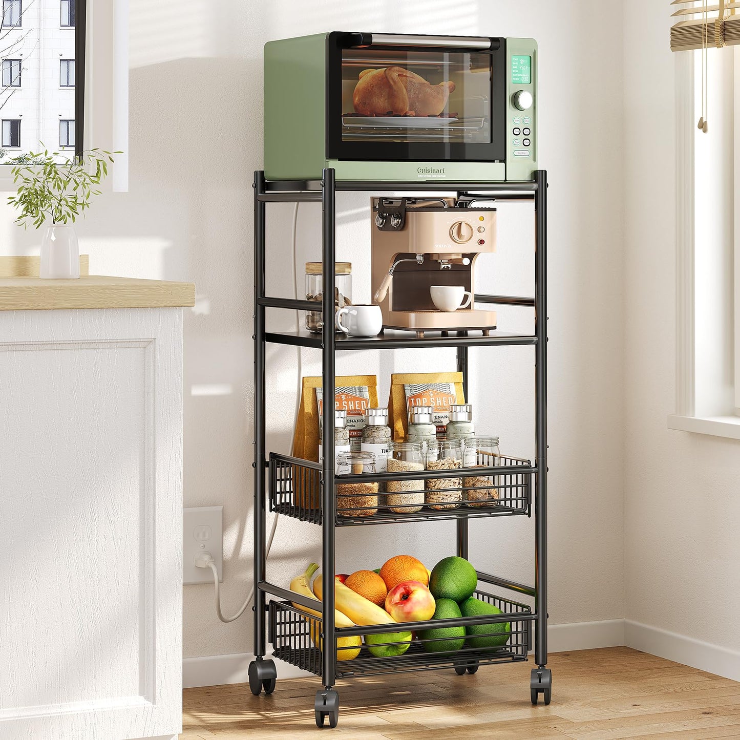 SNTD Kitchen Microwave Stand Shelf - 4 Tiers Metal Bakers Rack with Casters, Coffee Bar Station with Storage, Black