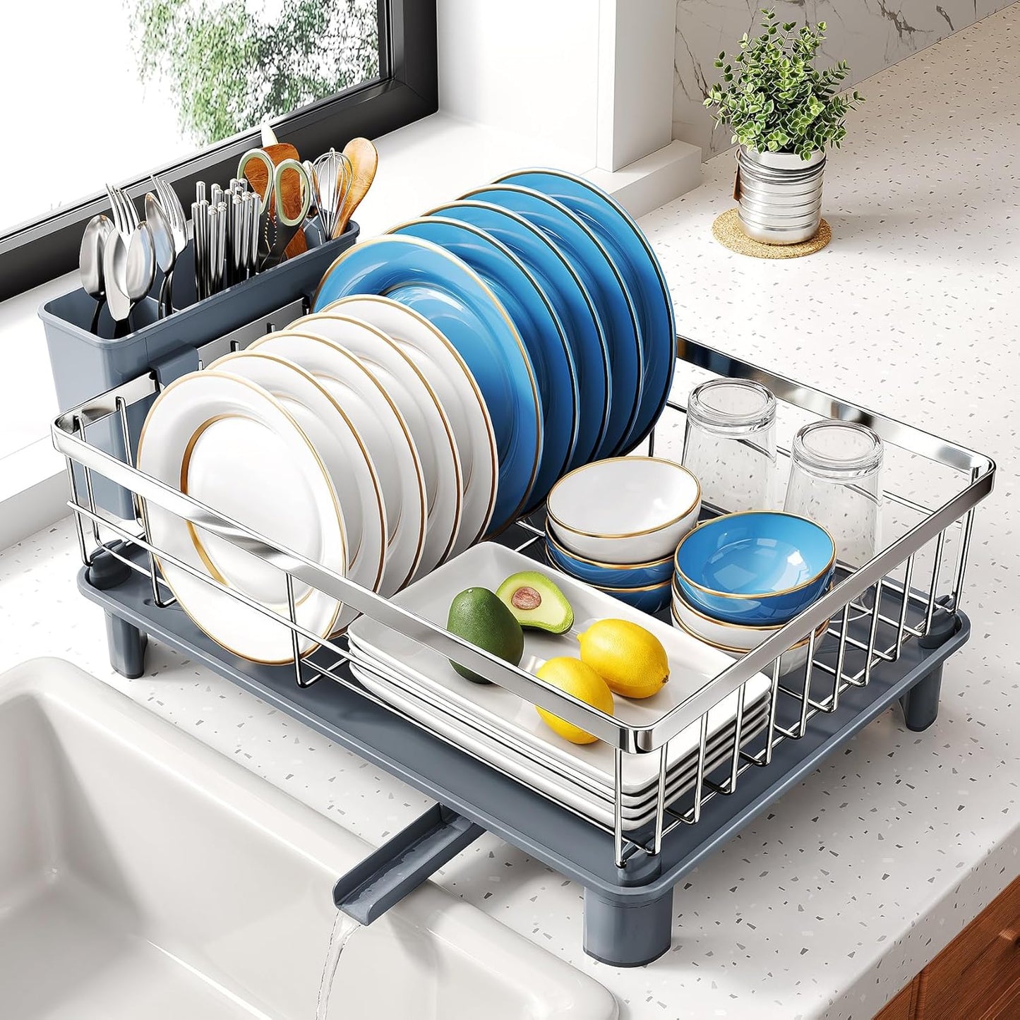 SNTD Dish Drying Rack - Small Dish Rack for Kitchen Counter, Stainless Steel Dish Drainer with Utensil Holder and Drainboard