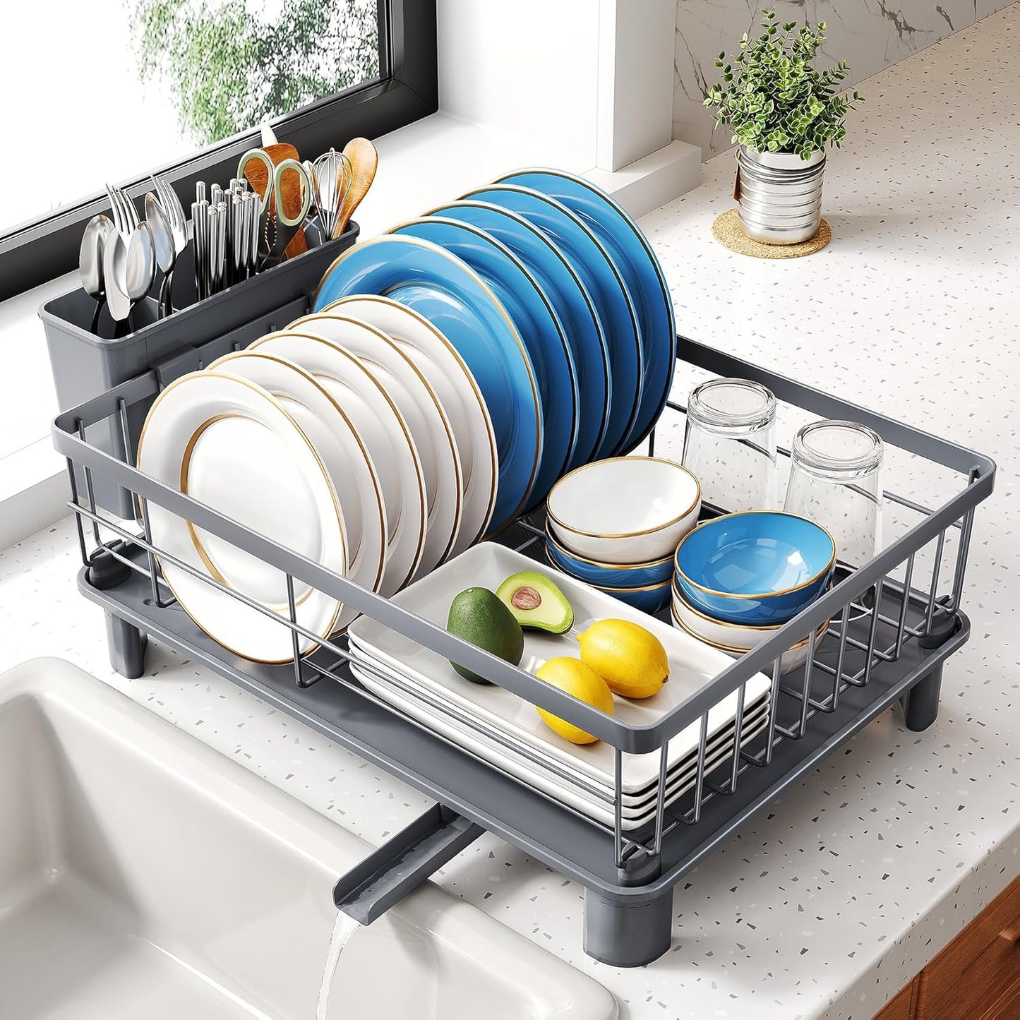 SNTD Dish Drying Rack - Small Dish Rack for Kitchen Counter, Stainless Steel Dish Drainer with Utensil Holder and Drainboard