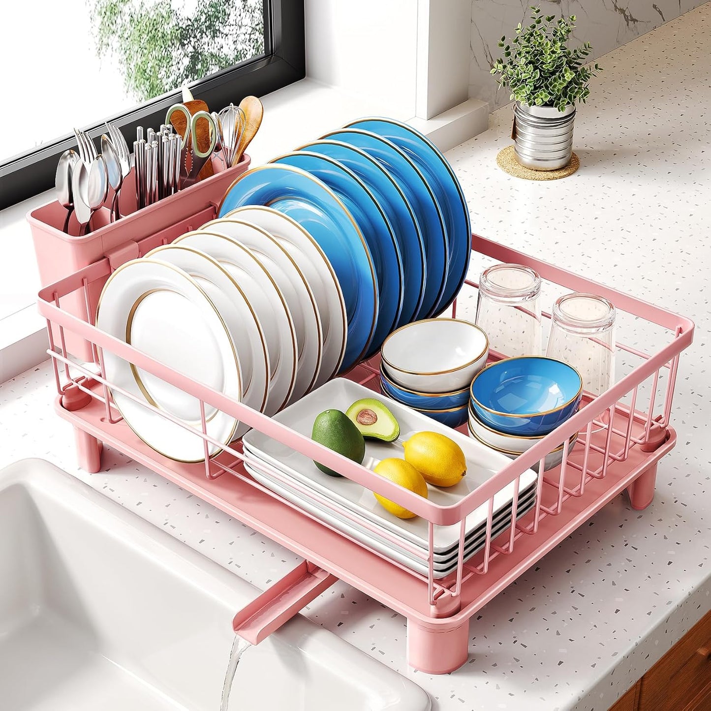 SNTD Dish Drying Rack - Small Dish Rack for Kitchen Counter, Stainless Steel Dish Drainer with Utensil Holder and Drainboard
