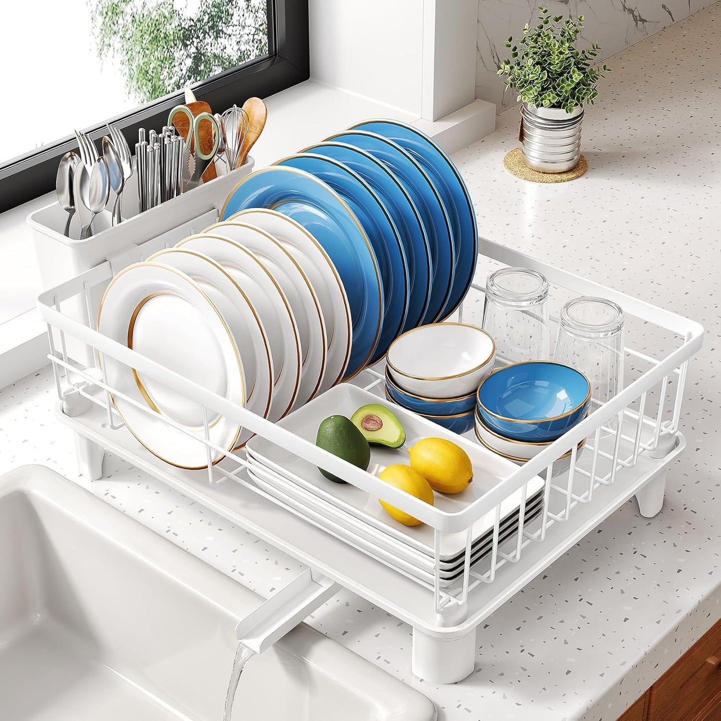 SNTD Dish Drying Rack - Small Dish Rack for Kitchen Counter, Stainless Steel Dish Drainer with Utensil Holder and Drainboard