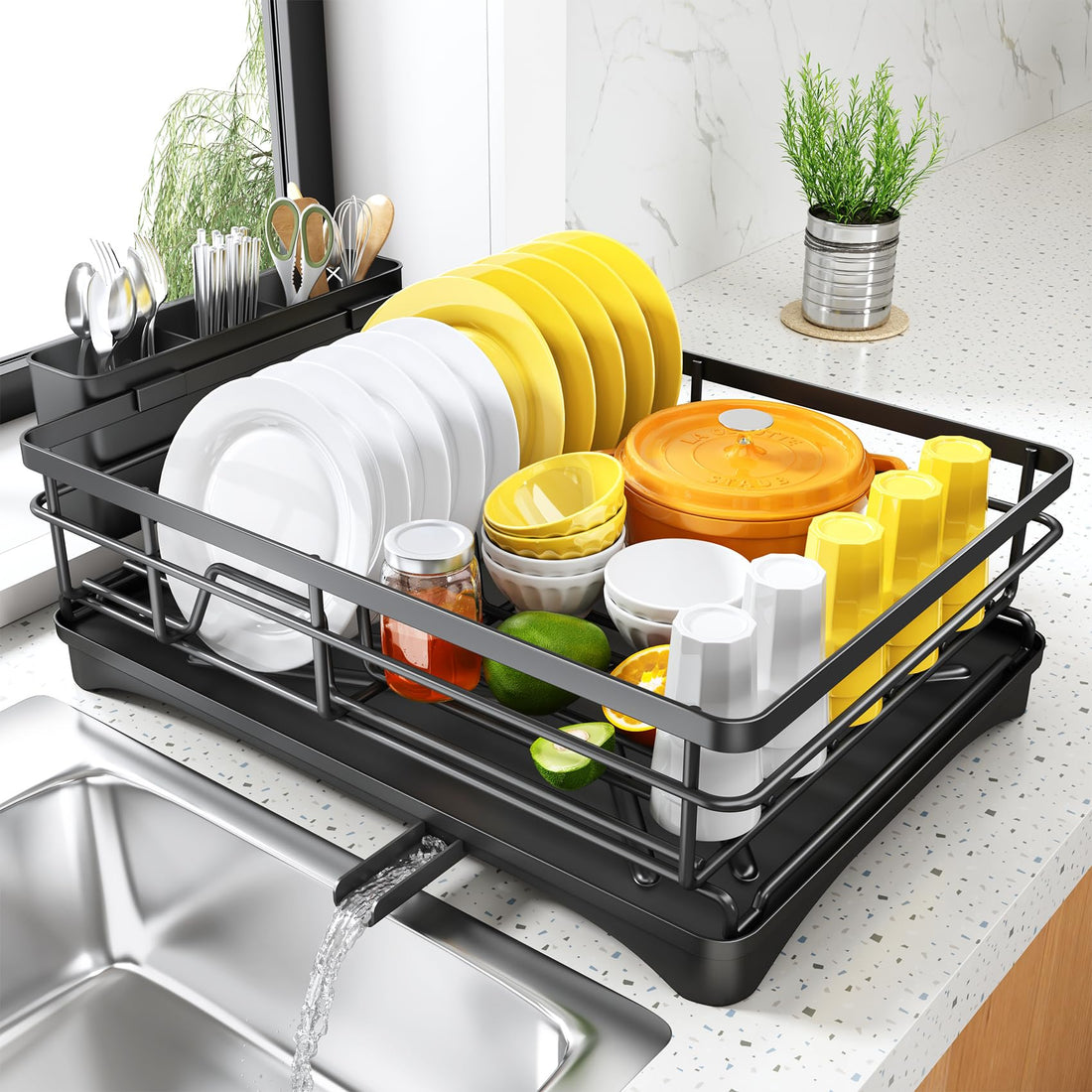SNTD Dish Drying Rack for Kitchen Counter - Large Dish Rack with Drainboard, Rustproof Dish Drainer with Utensil Holder for Sink, Black