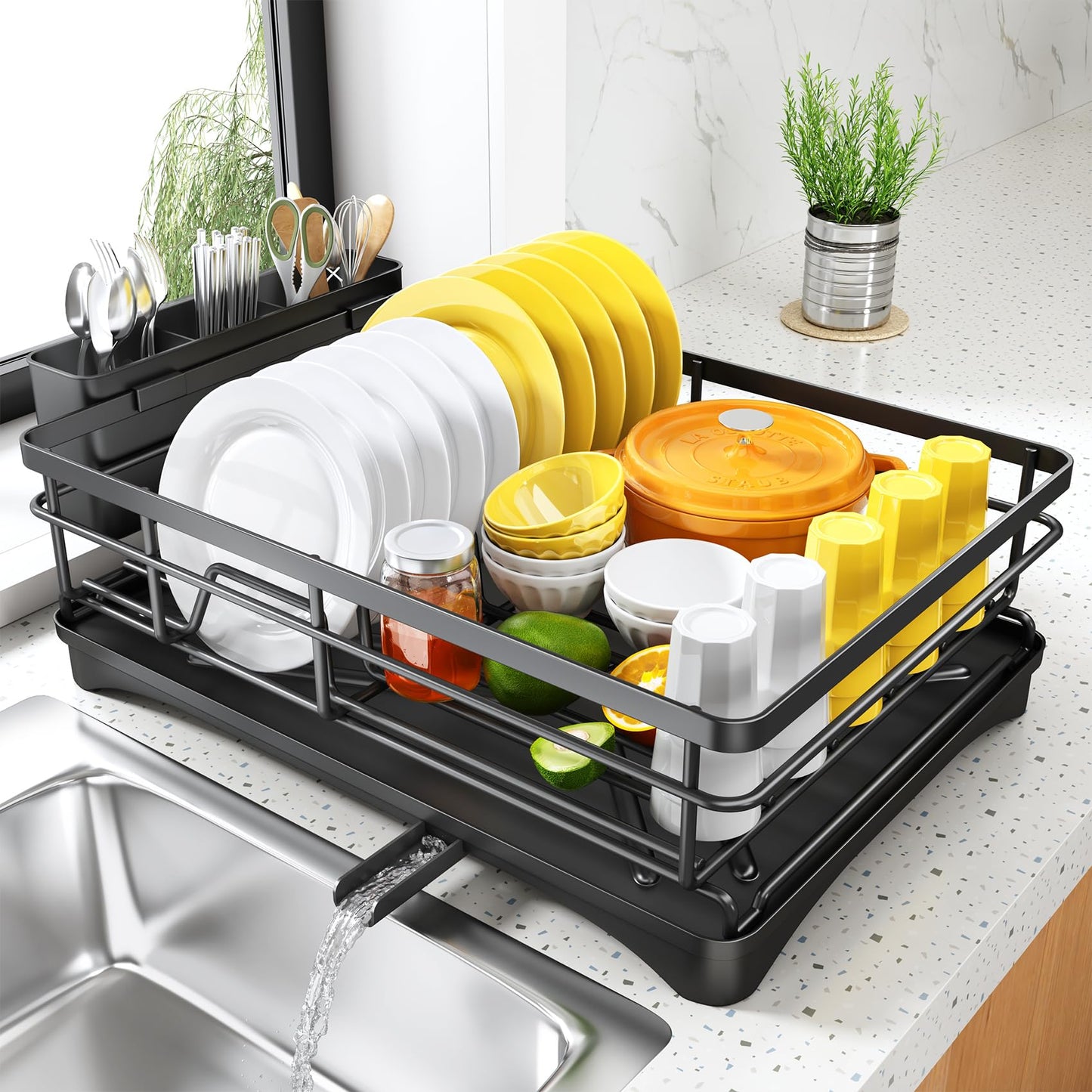 SNTD Dish Drying Rack for Kitchen Counter - Large Dish Rack with Drainboard, Rustproof Dish Drainer with Utensil Holder for Sink, Black