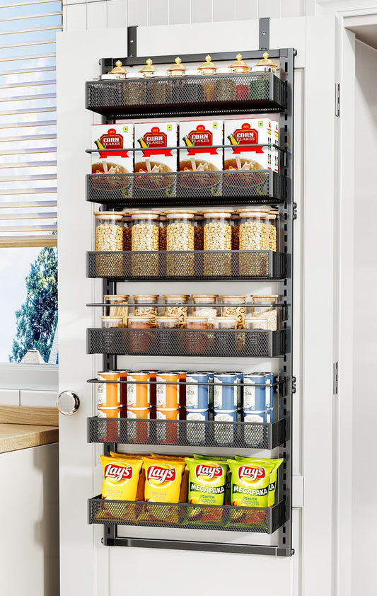 SNTD Over the Door Pantry Organizer Metal - Hanging Spice Rack for Kitchen Pantry, Adjustable Clearance, Black