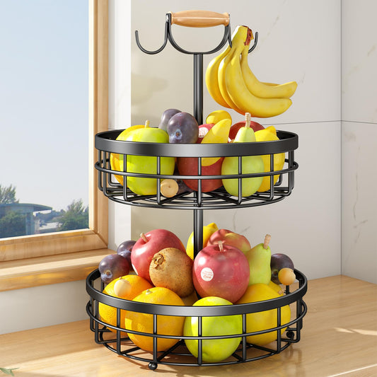 SNTD 2-Tier Fruit Basket Bowl Vegetable Storage with Dual Banana Tree Hanger and Wood Lift Handle, Kitchen Countertop Metal Wire Basket for Bread Onions Potatoes