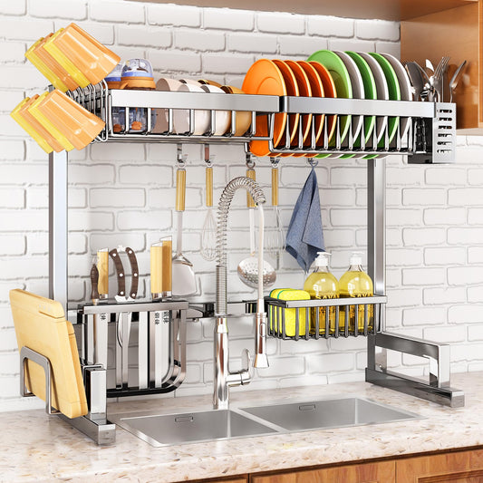 SNTD Over The Sink Dish Drying Rack, Adjustable (26.8" to 34.6") Large Dish Drainer Drying Rack for Kitchen Counter with Multiple Baskets Utensil Sponge Holder Sink Caddy, 2 Tier