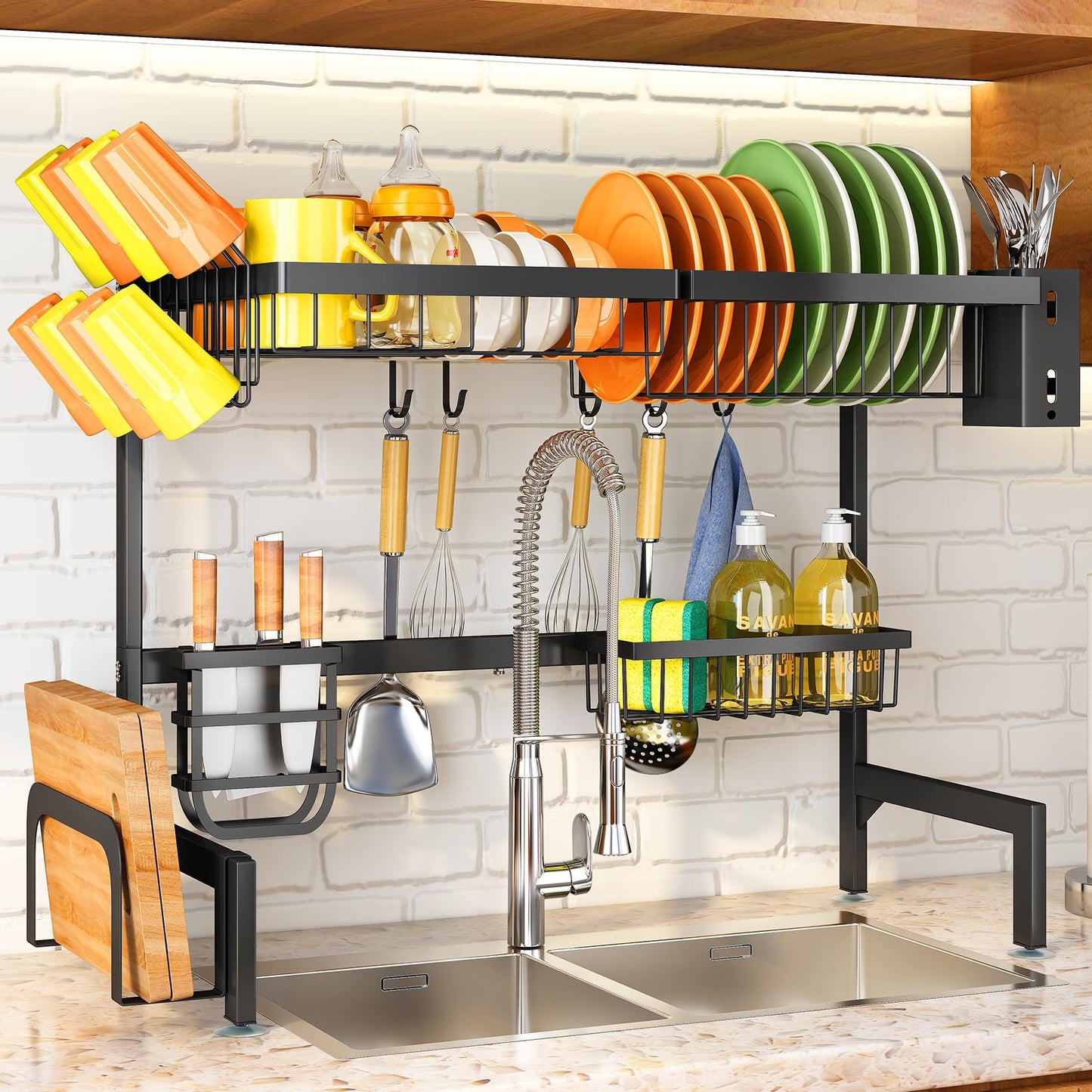 SNTD Over The Sink Dish Drying Rack, Adjustable (26.8" to 34.6") Large Dish Drainer Drying Rack for Kitchen Counter with Multiple Baskets Utensil Sponge Holder Sink Caddy, 2 Tier