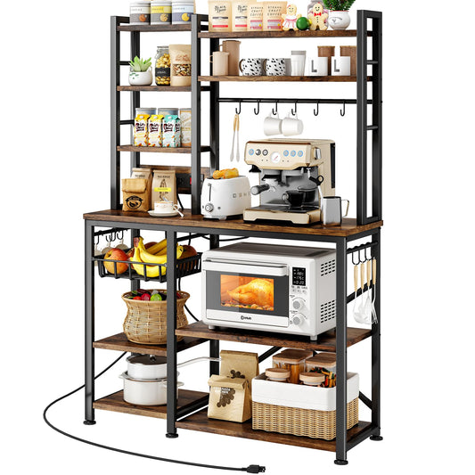 SNTD Baker Rack with Power Outlet - Microwave Stand with Storage, Large Coffee Bar Station with 14 Hooks, Metal Kitchen Shelf Rack for Spices, Pots, Rustic Brown and Black