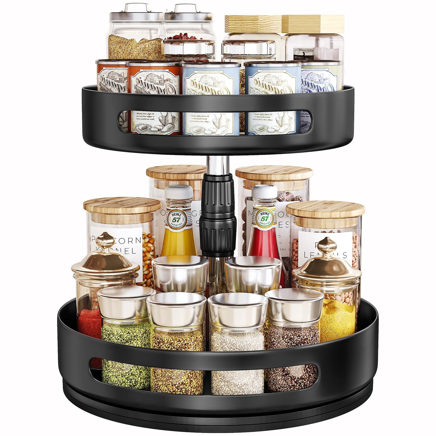 SNTD Lazy Susan Organizer Spice Rack - 2 Tier Height Adjustable Spice Organization for Cabinet, Metal Seasoning Organizer Lazy Turntable Spice Organizer for Table Top Pantry Kitchen Storage