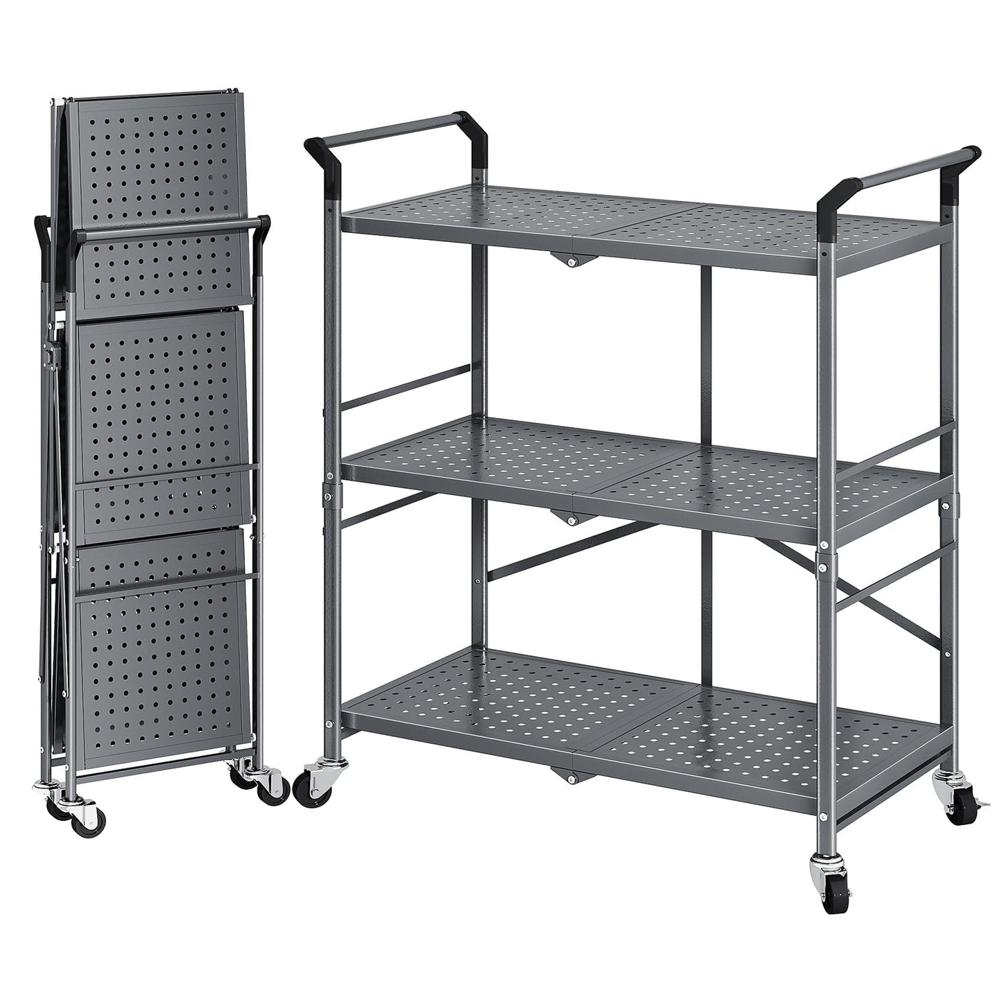 SNTD Rolling Utility Cart Folding Cart with Wheels - 3 Tier Collapsible Metal Cart, Large Capacity