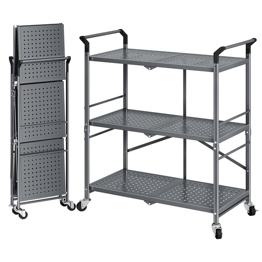 SNTD Rolling Utility Cart Folding Cart with Wheels - 3 Tier Collapsible Metal Cart, Large Capacity