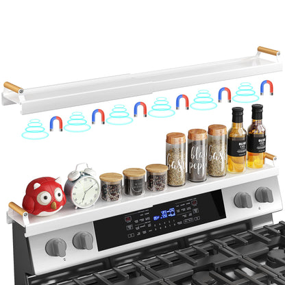 SNTD Magnetic Stove Top Shelf Spice Rack Organizer - Adjustable (16.9" to 30") Over the Stove Kitchen Storage Shelf, Rustproof Oven Shelf for Back of Stove, White