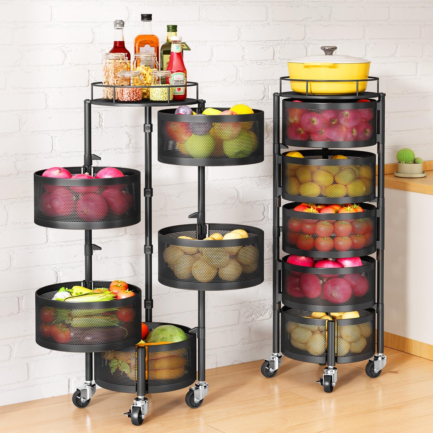 SNTD Fruit and Vegetable Basket Bowls for Kitchen with Metal Top Lid, SNTD 5 Tier Rotating Storage Rack Cart for Potato Onion Bread Banana, Wire Basket Organizer on Wheels, Large, Black