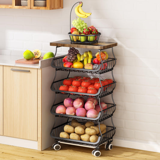 SNTD Fruit Basket Kitchen Pantry Organizers and Storage - Wooden Top Table, Stackable Metal Wire Basket Stand Cart For Fruit Vegetable Snacks Jars Bins Containers Organization