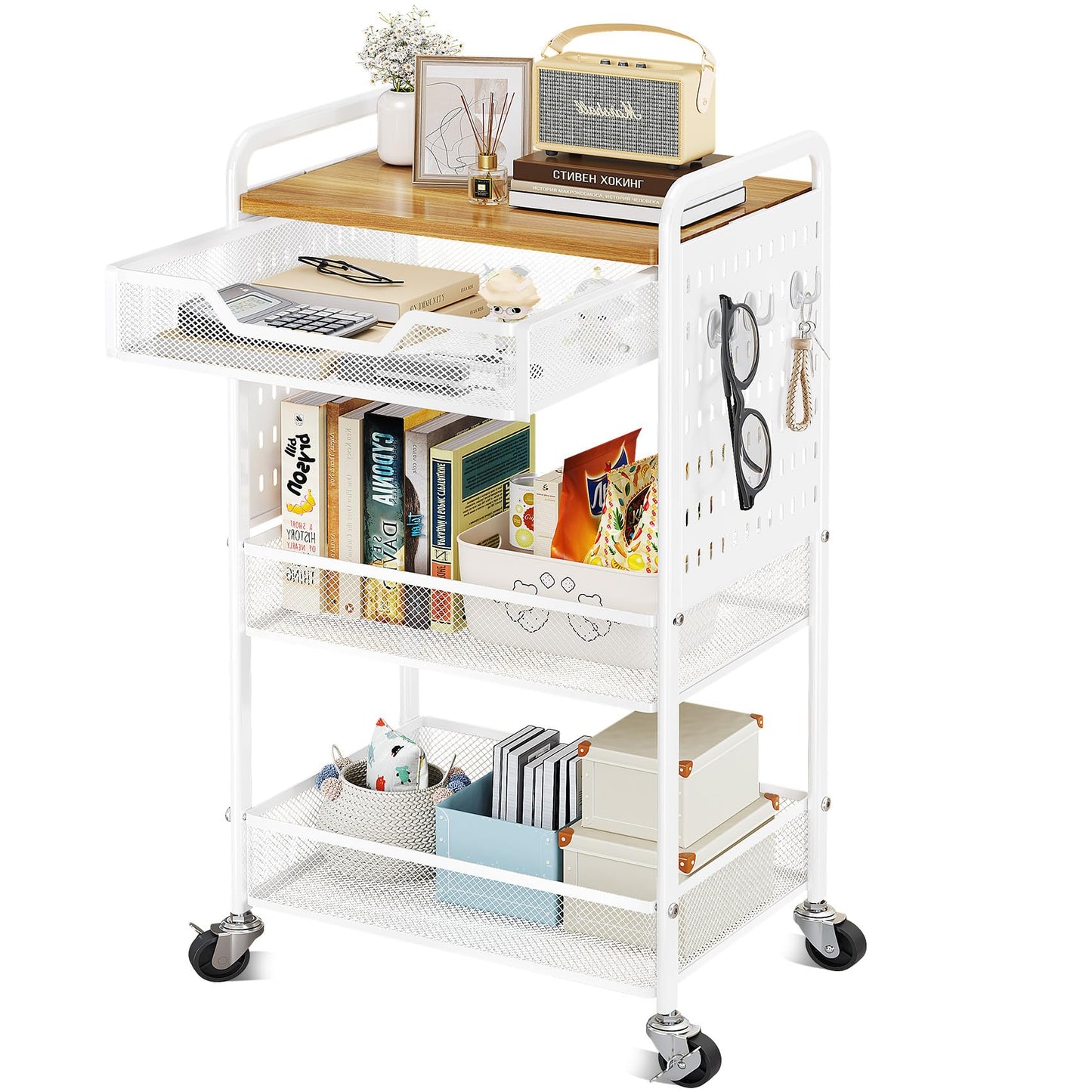 SNTD 3 Tier Rolling Utility Cart with Wheels - Metal Cart with Slide Drawer and Wood Tabletop, Versatile Storage Organizer Cart with Pegboards and Hooks