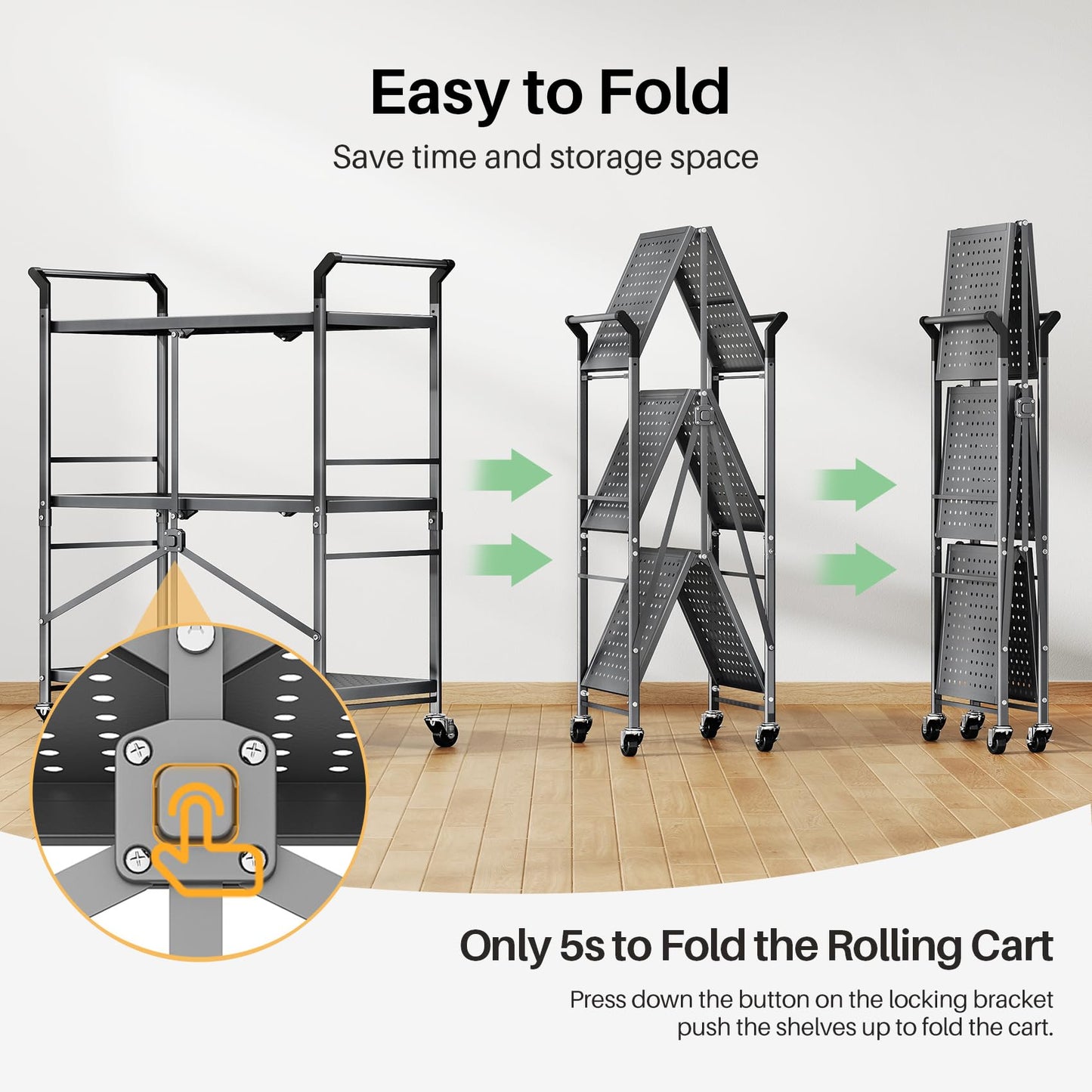 SNTD Rolling Utility Cart Folding Cart with Wheels - 3 Tier Collapsible Metal Cart, Large Capacity