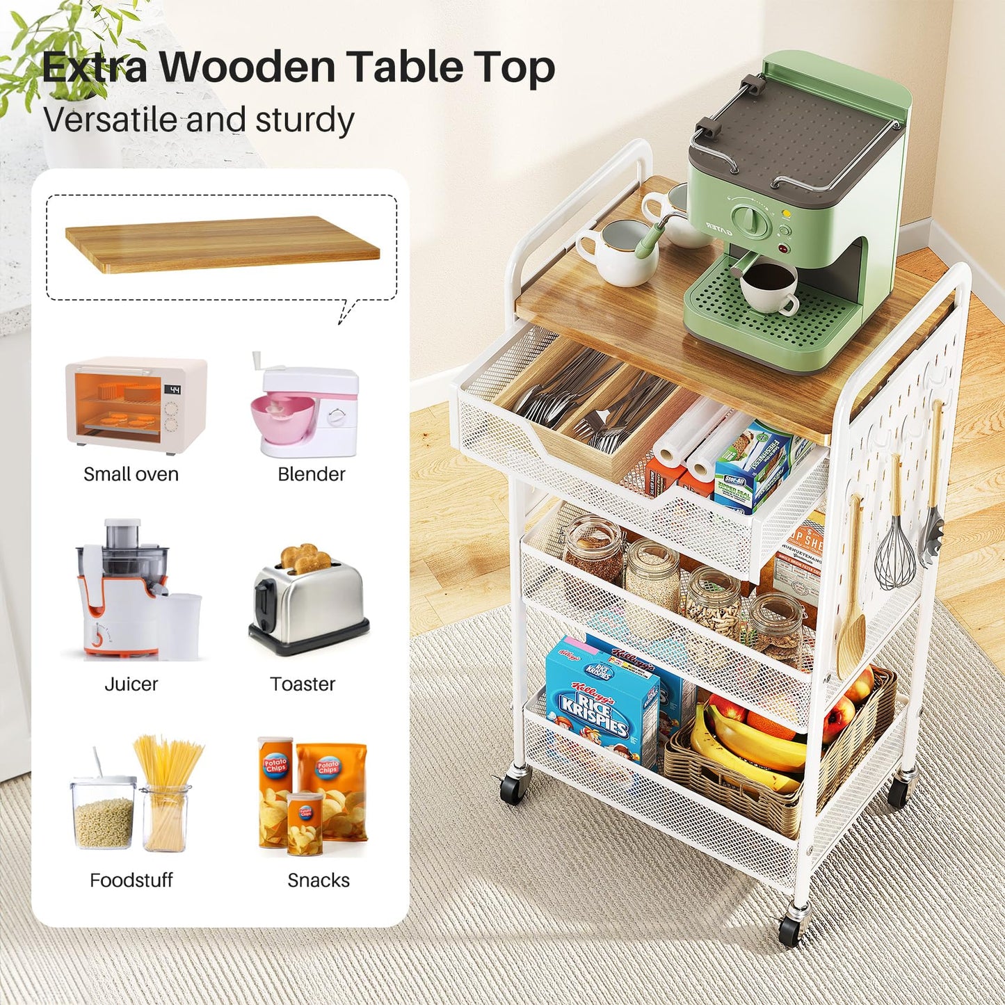 SNTD 3 Tier Rolling Utility Cart with Wheels - Metal Cart with Slide Drawer and Wood Tabletop, Versatile Storage Organizer Cart with Pegboards and Hooks