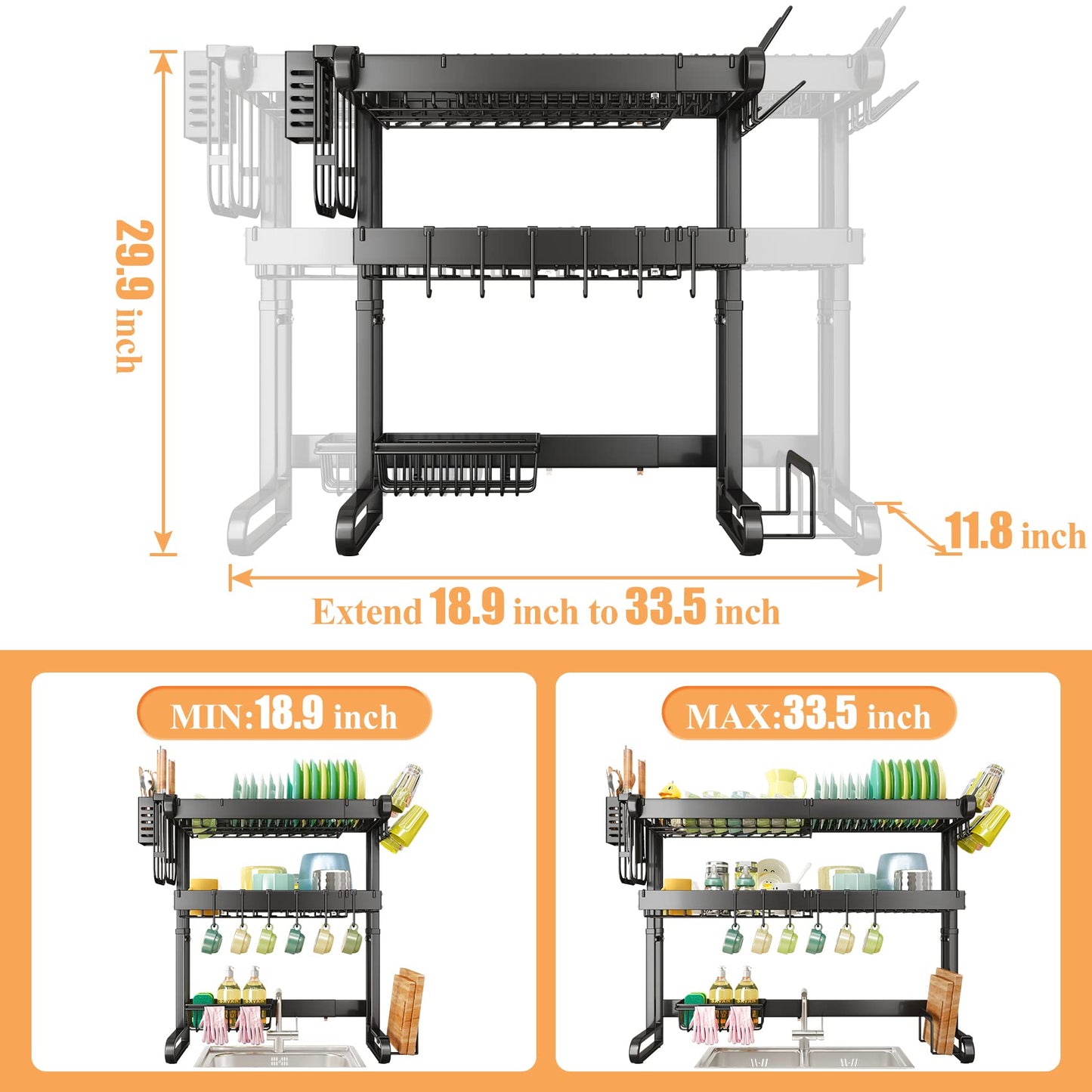 SNTD Over The Sink Dish Drainer Drying Rack, 3 Tier Adjustable (18.9" to 33.5") Kitchen Dish Rack Over Sink, Large Dish Drainer with Utensil Cup Holder