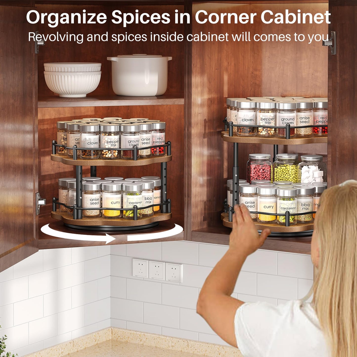 SNTD Lazy Susan Organizer Spice Rack for Cabinet - Height Adjustable Rotating Lazy Turntable Spice Organization for Table Top Pantry Kitchen, Wood Lazy Susan 10 inches Black