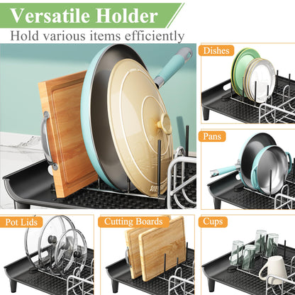 SNTD Dish Drying Rack - Expandable Dish Rack for Kitchen Counter, Large Dish Drainer with Pan Holder, Dish Strainer with Drainboard Cup Holder and Utensil Holder