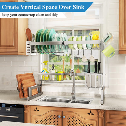 SNTD Over The Sink Dish Drying Rack, Adjustable (26.8" to 34.6") Large Dish Drainer Drying Rack for Kitchen Counter with Multiple Baskets Utensil Sponge Holder Sink Caddy, 2 Tier