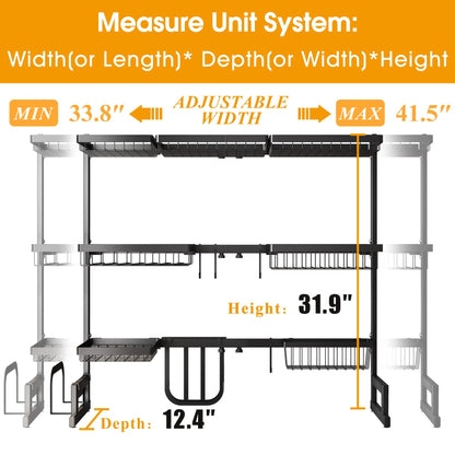 SNTD Over The Sink Dish Drying Rack, 3 Tier Adjustable (33.8 to 41.5 inch) Large Capacity Kitchen Counter Dish Drying Rack with Fruit Basket Utensil Holder Sink Caddy Cup Holder, Black