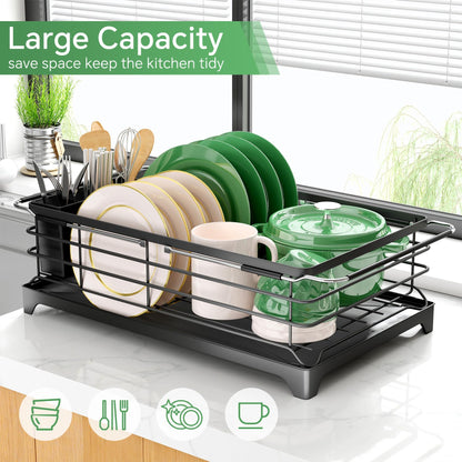 SNTD Dish Drying Rack in Sink Stainless Steel Dish Racks for Kitchen Counter Expandable Dish Drainer with Removable Utensil Holder Black