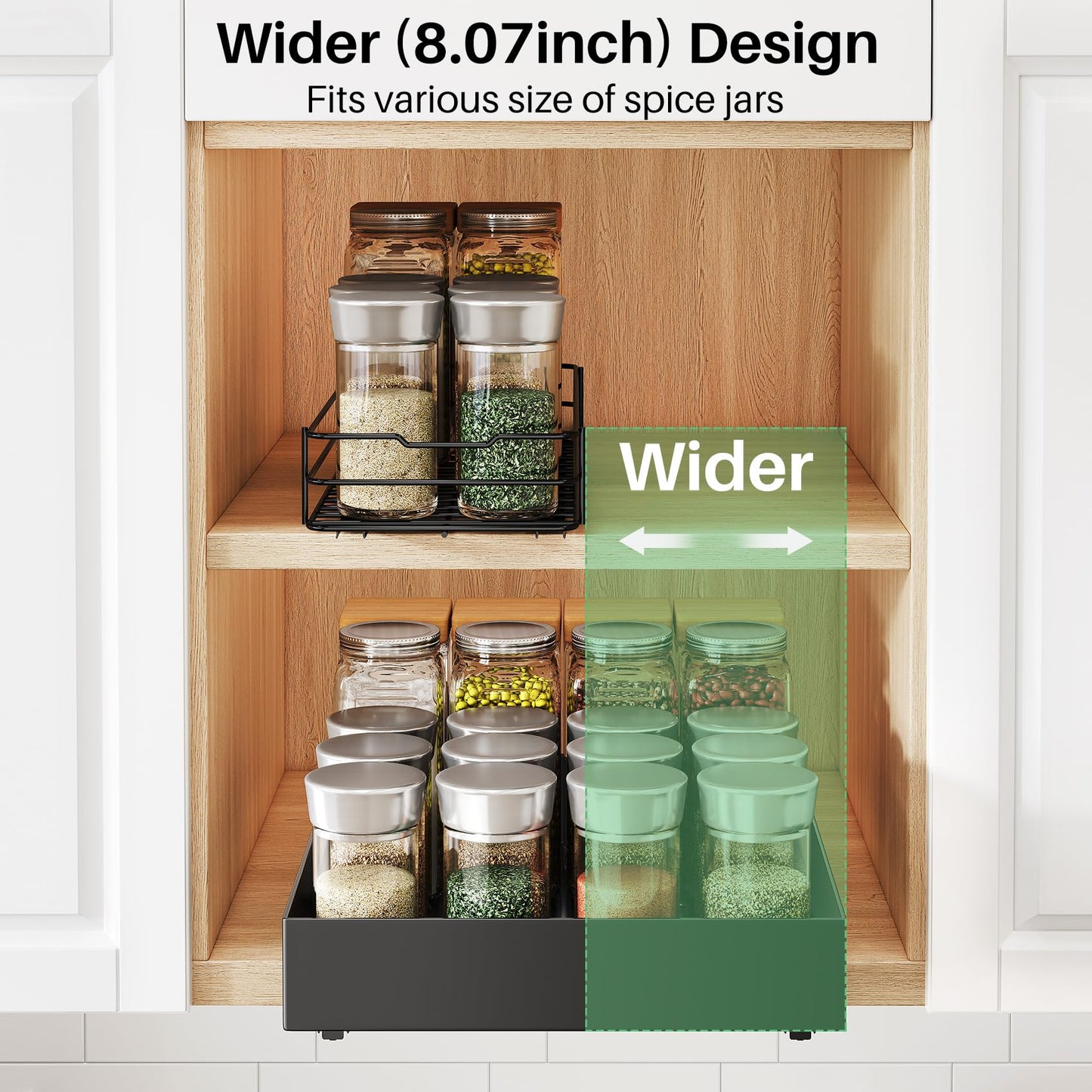 SNTD Spice Rack - Vertical Pull Out Spice Organization for Cabinet Kitchen Pantry Storage, Strong Adhesive Nano Film, No Drill (8"Wx10"Dx2"H,1Tier)