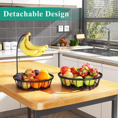 SNTD 2-Tier Fruit Basket Bowl Stackable Vegetable Storage with Banana Tree Hanger Stand for Kitchen Countertop, Metal Wire Basket for Bread Onions Potatoes