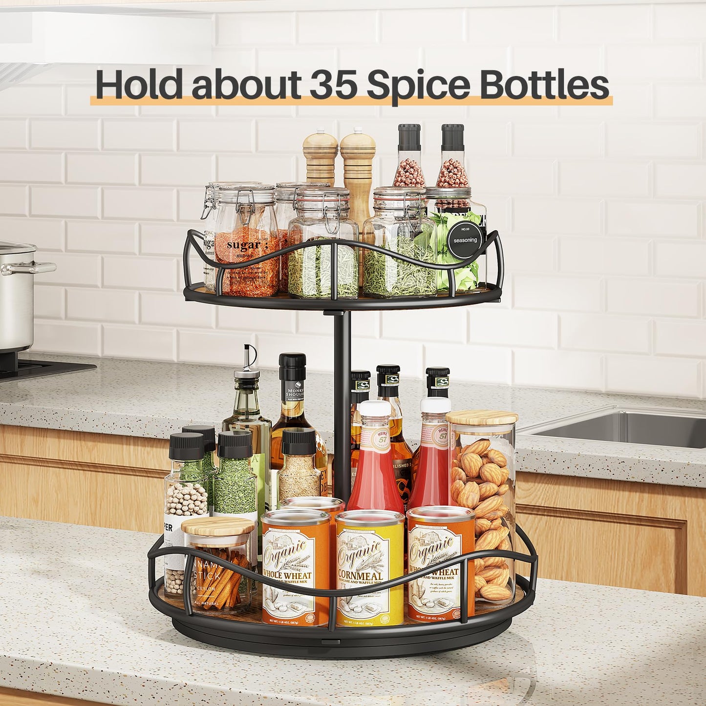 SNTD Lazy Susan Organizer Turntable Spice Rack - 2 Tier Wood Rotating Lazy Susan for Cabinet Pantry Kitchen Countertop Dining Table, Organization Storage