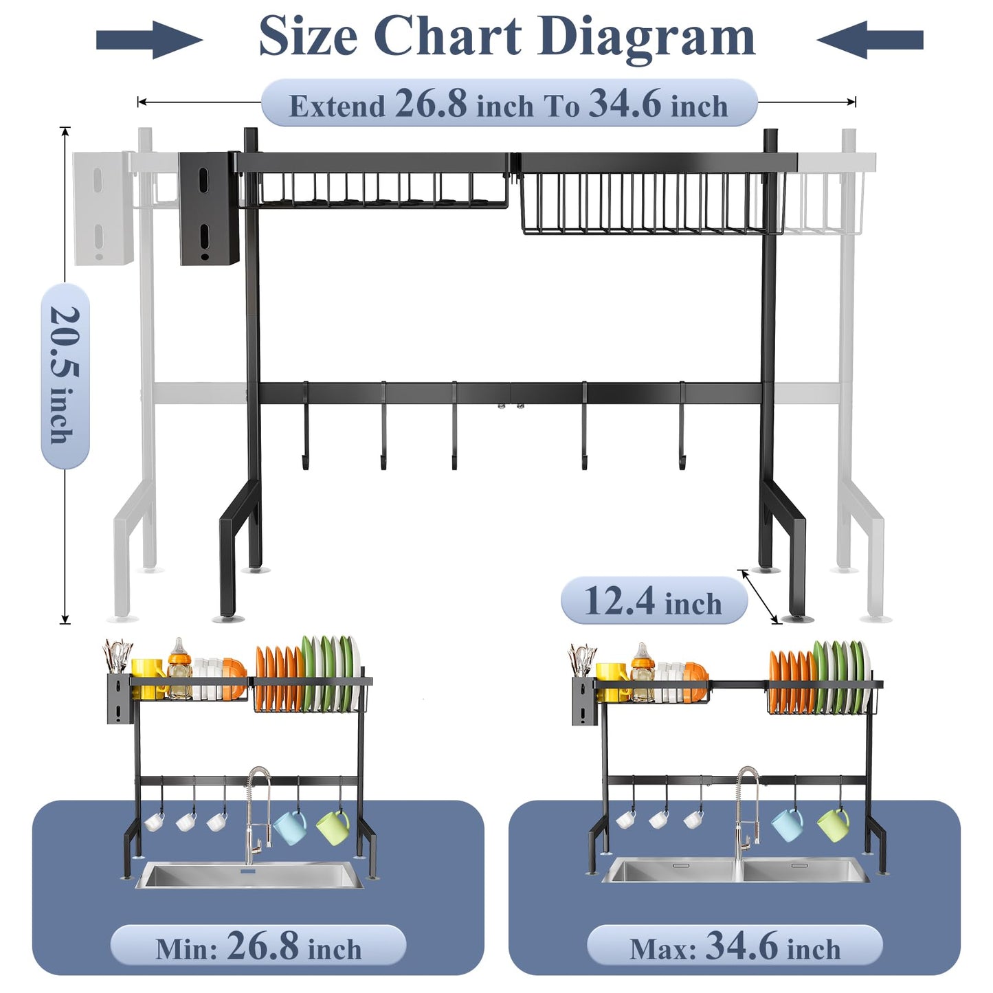 SNTD Over The Sink Dish Drying Rack, Adjustable (26.8" to 34.6") Large Dish Drainer Drying Rack for Kitchen Counter with Multiple Baskets Utensil Sponge Holder Sink Caddy, 2 Tier