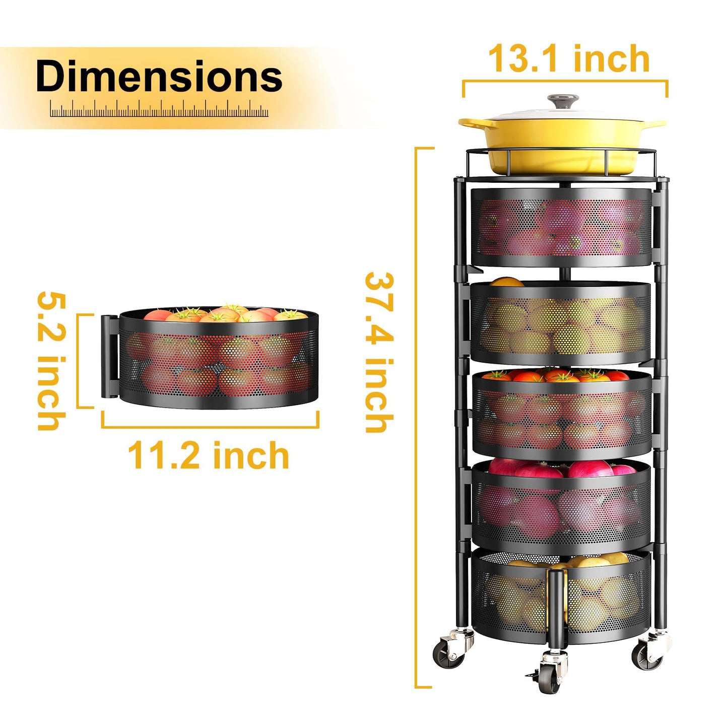 SNTD Fruit and Vegetable Basket Bowls for Kitchen with Metal Top Lid, SNTD 5 Tier Rotating Storage Rack Cart for Potato Onion Bread Banana, Wire Basket Organizer on Wheels, Large, Black