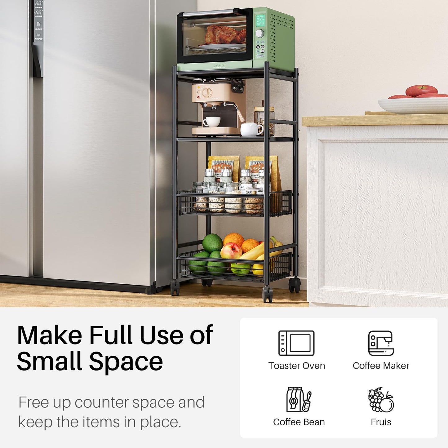 SNTD Kitchen Microwave Stand Shelf - 4 Tiers Metal Bakers Rack with Casters, Coffee Bar Station with Storage, Black