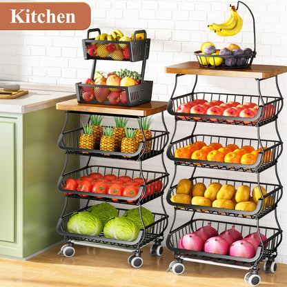 SNTD Fruit Basket Kitchen Pantry Organizers and Storage - Wooden Top Table, Stackable Metal Wire Basket Stand Cart For Fruit Vegetable Snacks Jars Bins Containers Organization