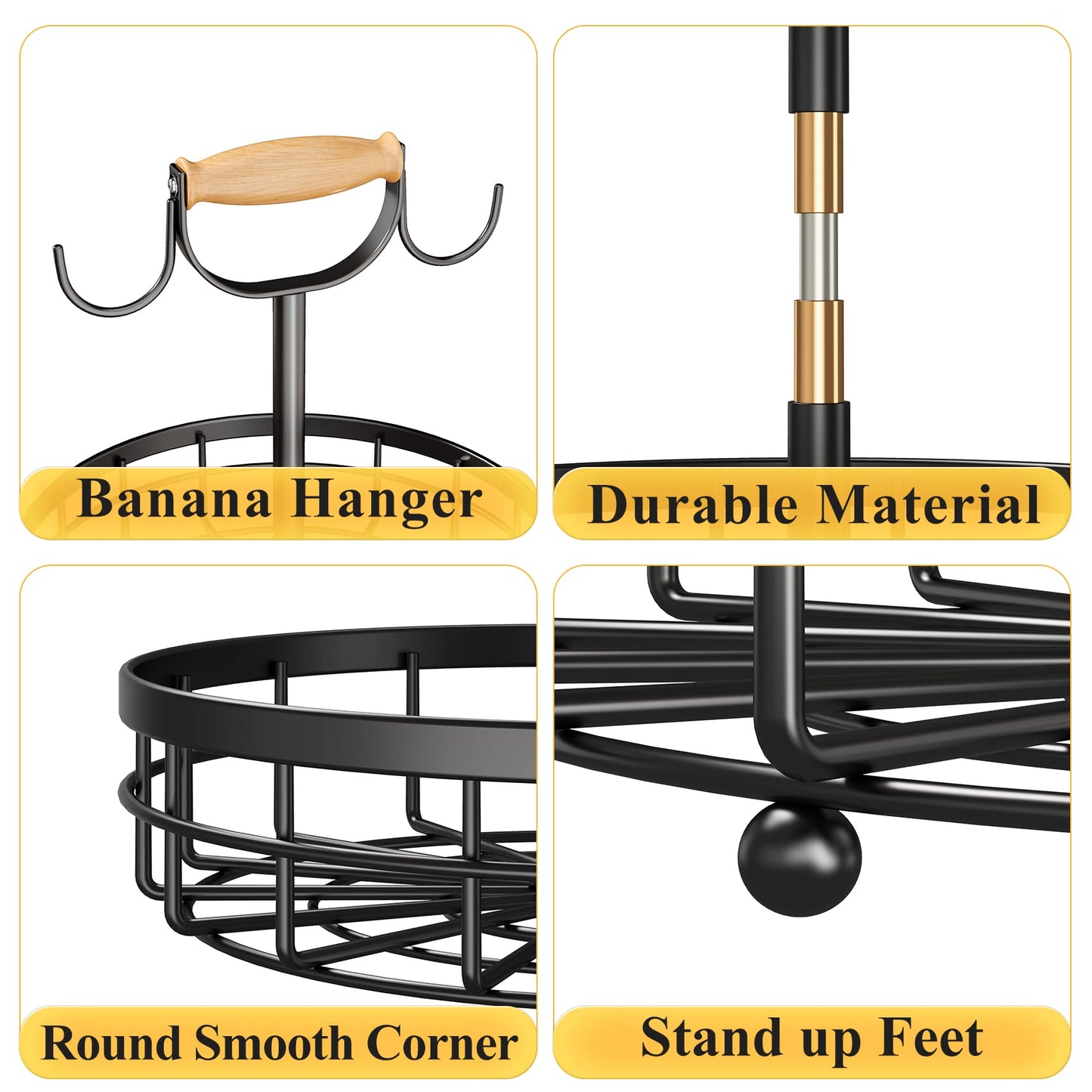 SNTD 2-Tier Fruit Basket Bowl Vegetable Storage with Dual Banana Tree Hanger and Wood Lift Handle, Kitchen Countertop Metal Wire Basket for Bread Onions Potatoes