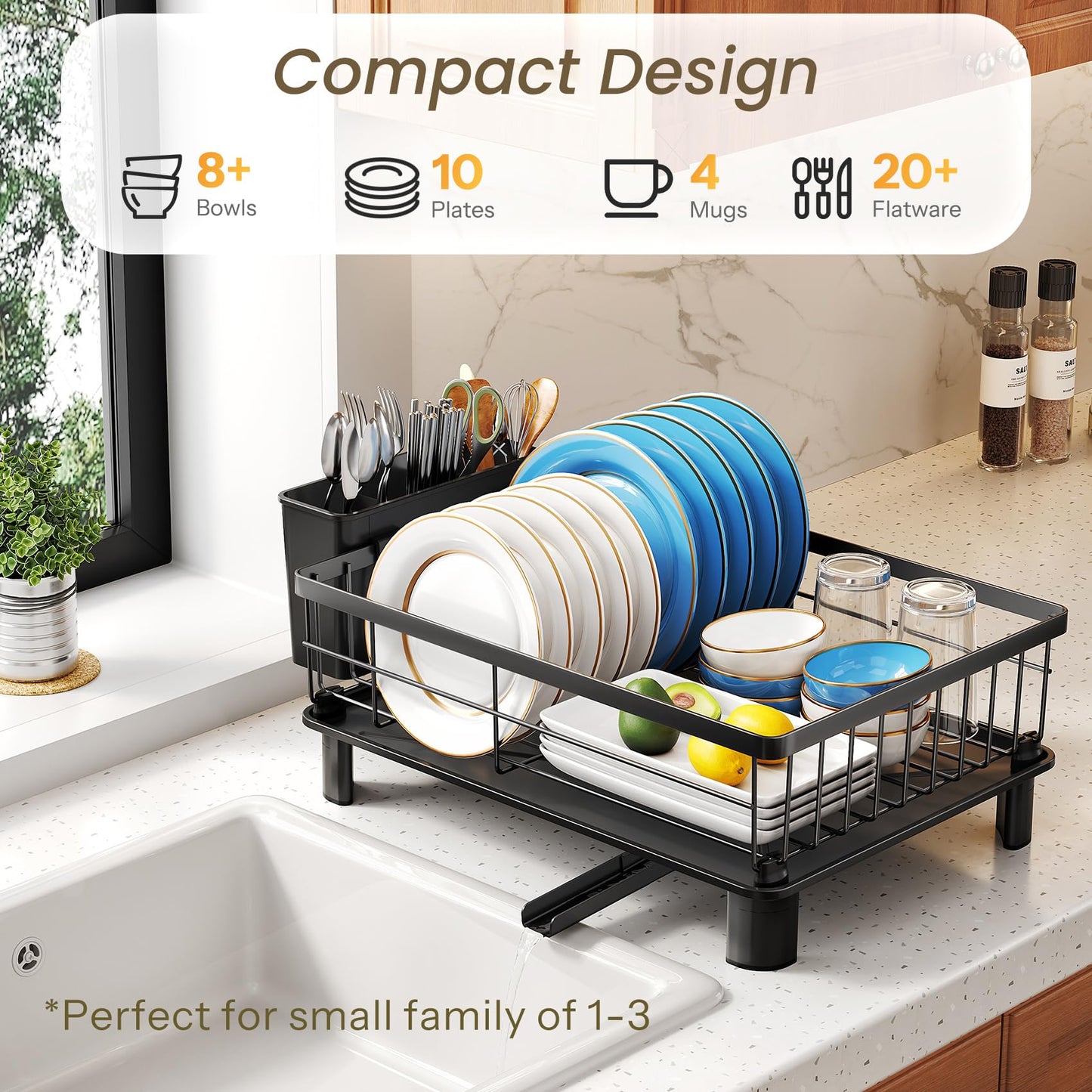 SNTD Dish Drying Rack - Small Dish Rack for Kitchen Counter, Stainless Steel Dish Drainer with Utensil Holder and Drainboard