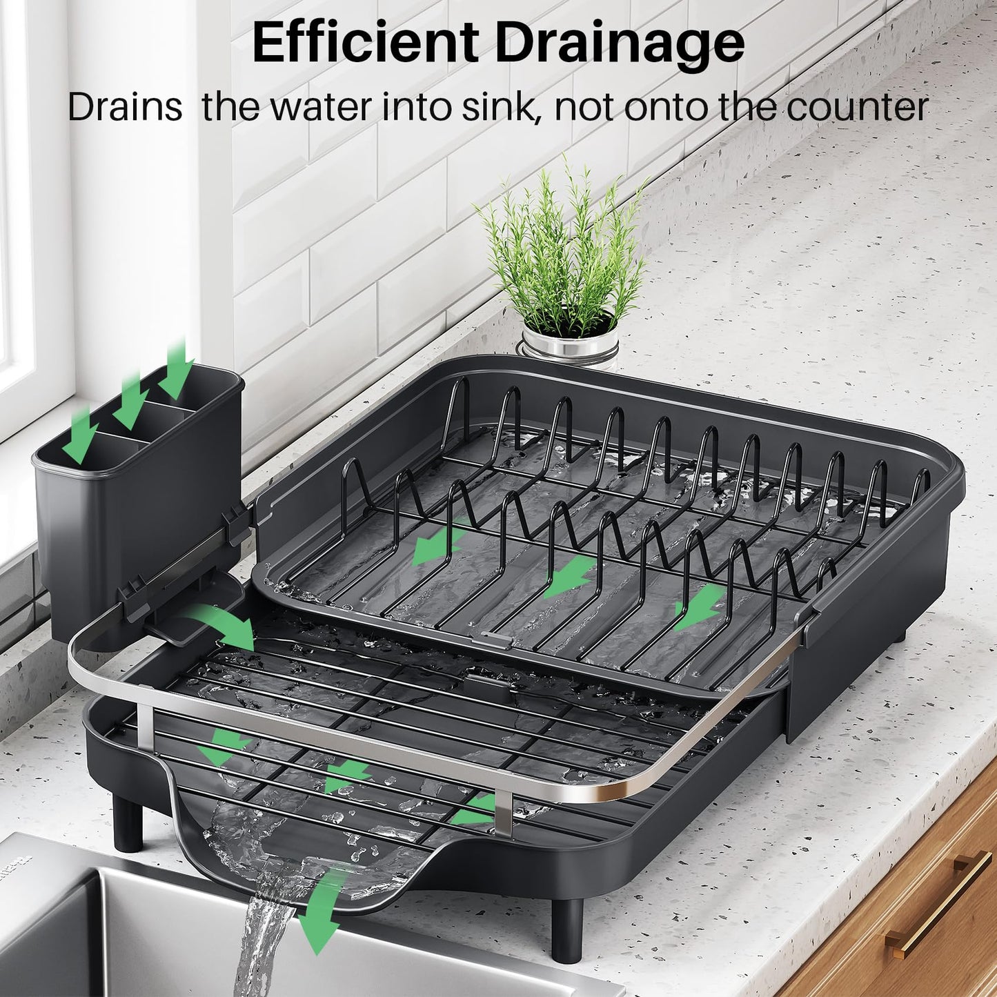 SNTD Dish Drying Rack, Expandable Dish Rack for Kitchen Counter, Stainless Steel Dish Drainer with Drainboard Set and Utensil Holder (Black)