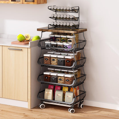 SNTD Fruit Basket Kitchen Pantry Organizers and Storage - Wooden Top Table, Stackable Metal Wire Basket Stand Cart For Fruit Vegetable Snacks Jars Bins Containers Organization