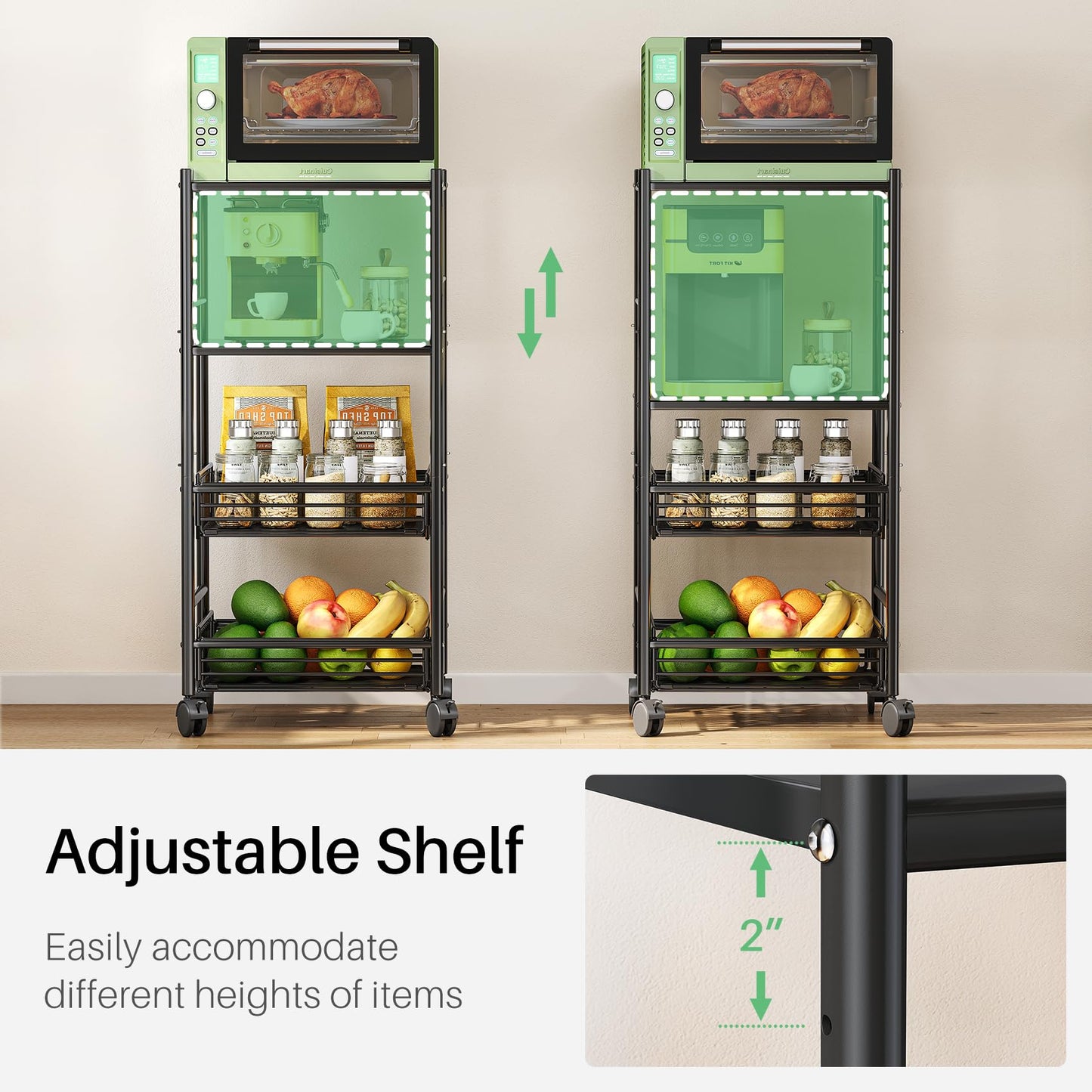 SNTD Kitchen Microwave Stand Shelf - 4 Tiers Metal Bakers Rack with Casters, Coffee Bar Station with Storage, Black
