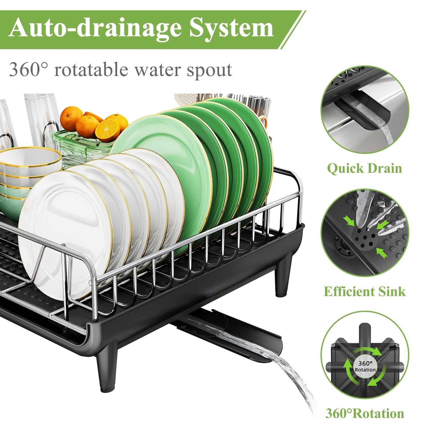 SNTD Dish Drying Rack - Expandable Dish Rack for Kitchen Counter, Large Dish Drainer with Pan Holder, Dish Strainer with Drainboard Cup Holder and Utensil Holder