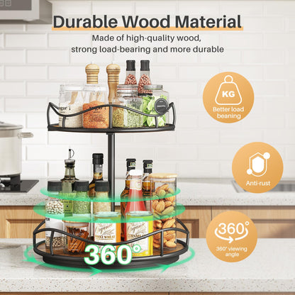 SNTD Lazy Susan Organizer Turntable Spice Rack - 2 Tier Wood Rotating Lazy Susan for Cabinet Pantry Kitchen Countertop Dining Table, Organization Storage