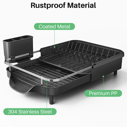 SNTD Dish Drying Rack, Expandable Dish Rack for Kitchen Counter, Stainless Steel Dish Drainer with Drainboard Set and Utensil Holder (Black)