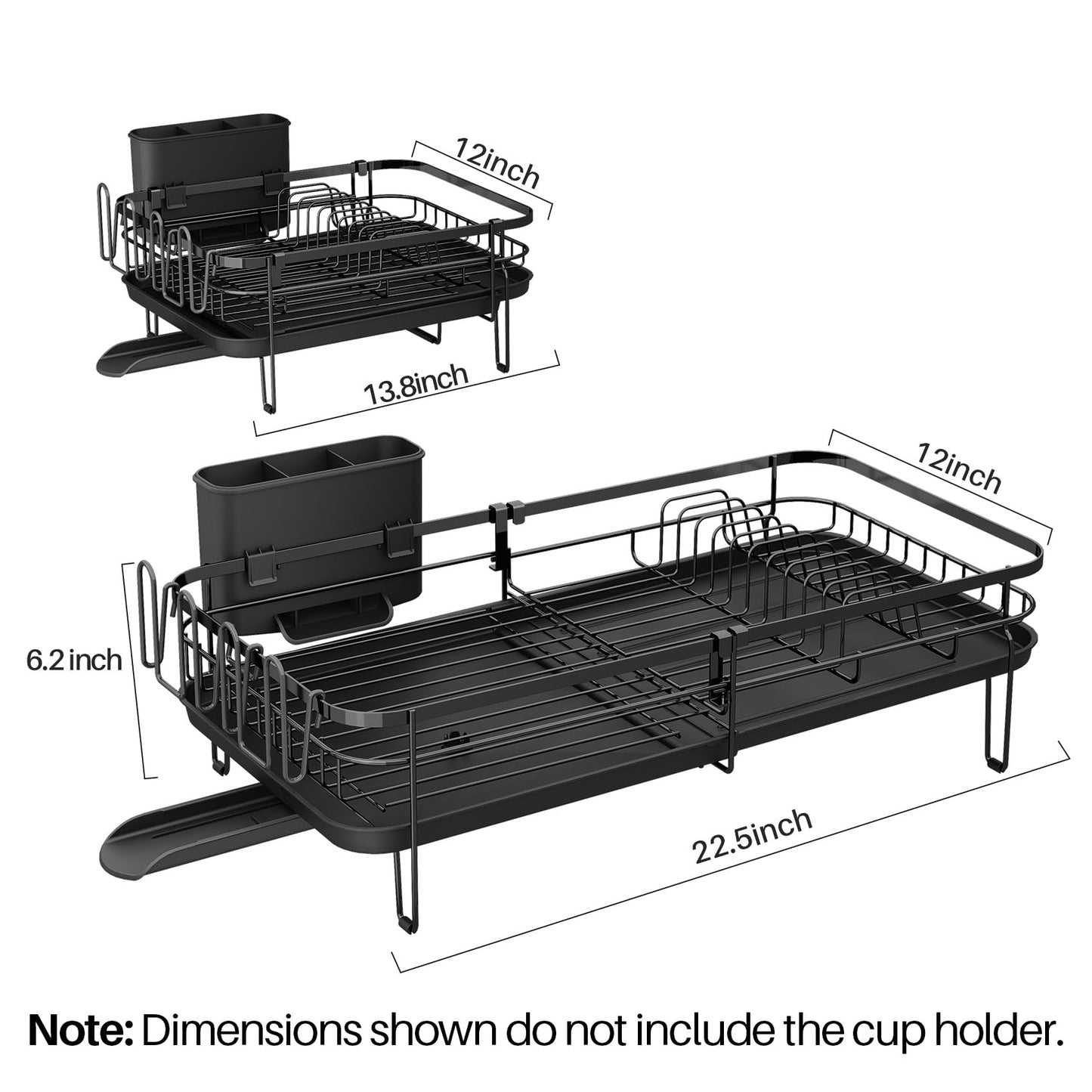 SNTD Large Dish Drying Rack - Expandable Dish Rack for Kitchen Counter, Stainless Steel Dish Drainer Rack with Utensil Holder and Cup Holder, Black