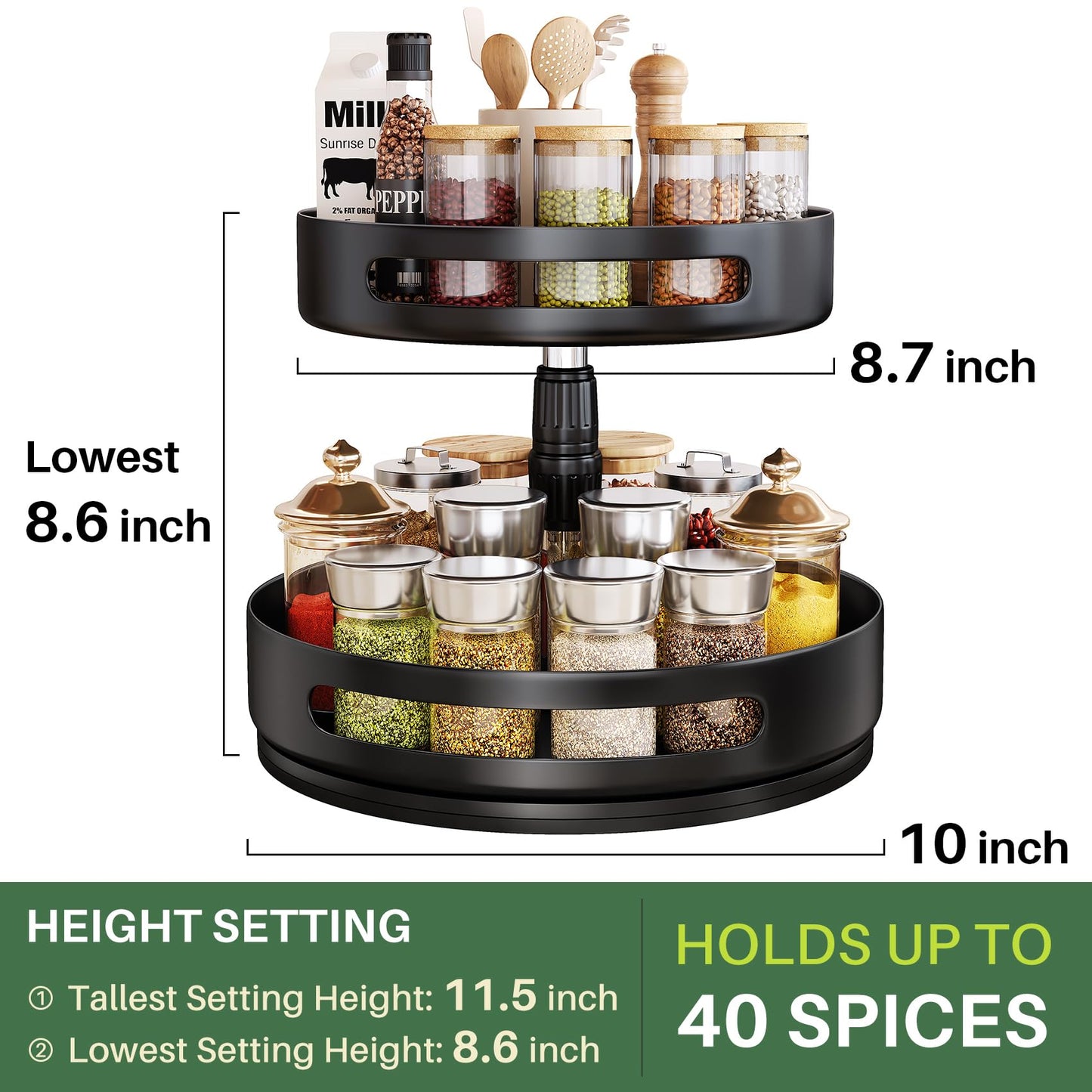 SNTD Lazy Susan Organizer Spice Rack - 2 Tier Height Adjustable Spice Organization for Cabinet, Metal Seasoning Organizer Lazy Turntable Spice Organizer for Table Top Pantry Kitchen Storage