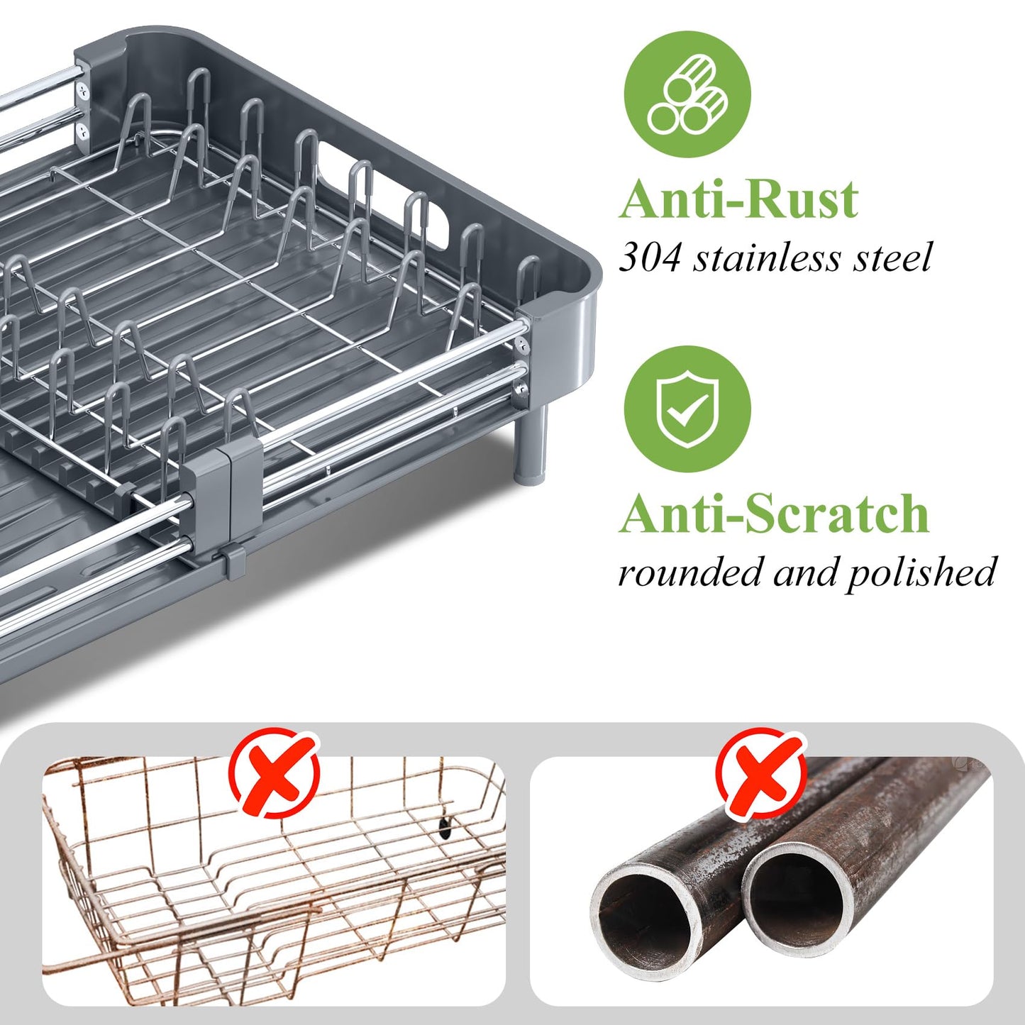 SNTD Dish Drying Rack - Expandable Dish Rack for Kitchen Counter, Large Dish Drainer, Stainless Steel Drying Dish Rack with Utensil Holder, Grey