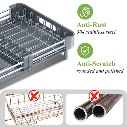 SNTD Dish Drying Rack - Expandable Dish Rack for Kitchen Counter, Large Dish Drainer, Stainless Steel Drying Dish Rack with Utensil Holder, Grey