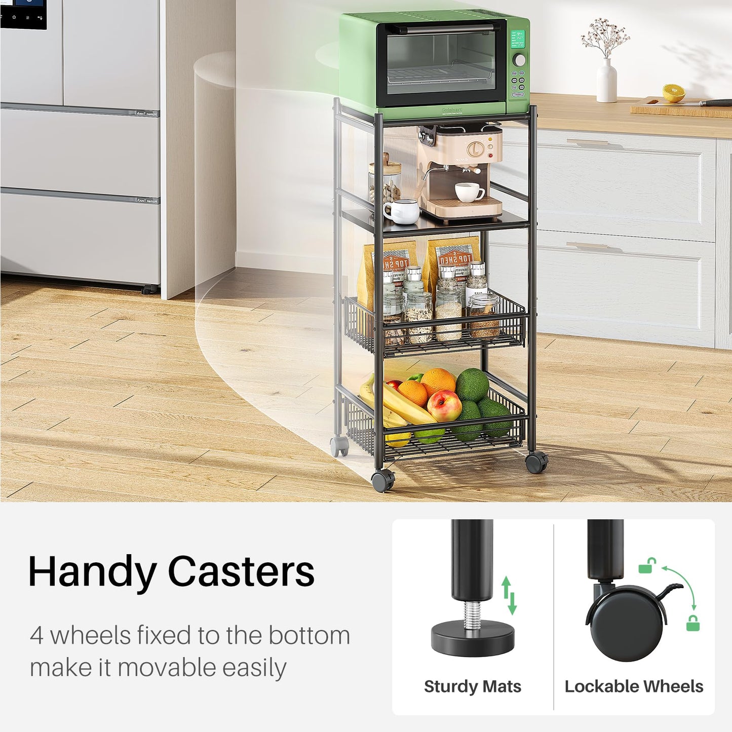 SNTD Kitchen Microwave Stand Shelf - 4 Tiers Metal Bakers Rack with Casters, Coffee Bar Station with Storage, Black