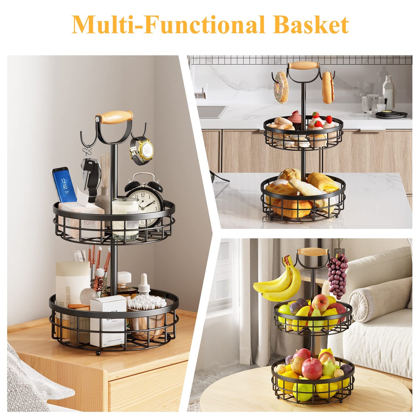 SNTD 2-Tier Fruit Basket Bowl Vegetable Storage with Dual Banana Tree Hanger and Wood Lift Handle, Kitchen Countertop Metal Wire Basket for Bread Onions Potatoes